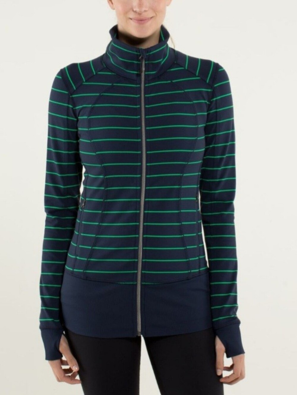 Lululemon Nice Asana Front Zip Funnel Neck Jacket in Navy and Green Stripe Yoga